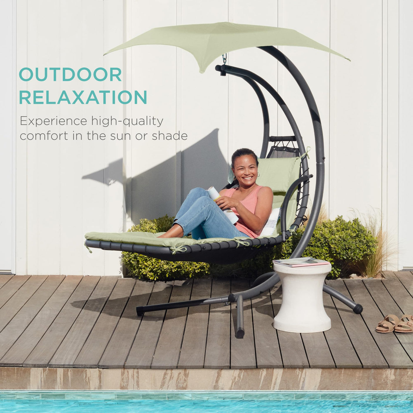 Best Choice Products Outdoor Hanging Curved Steel Chaise Lounge Chair Swing w/Built-in Pillow and Removable Canopy -Red