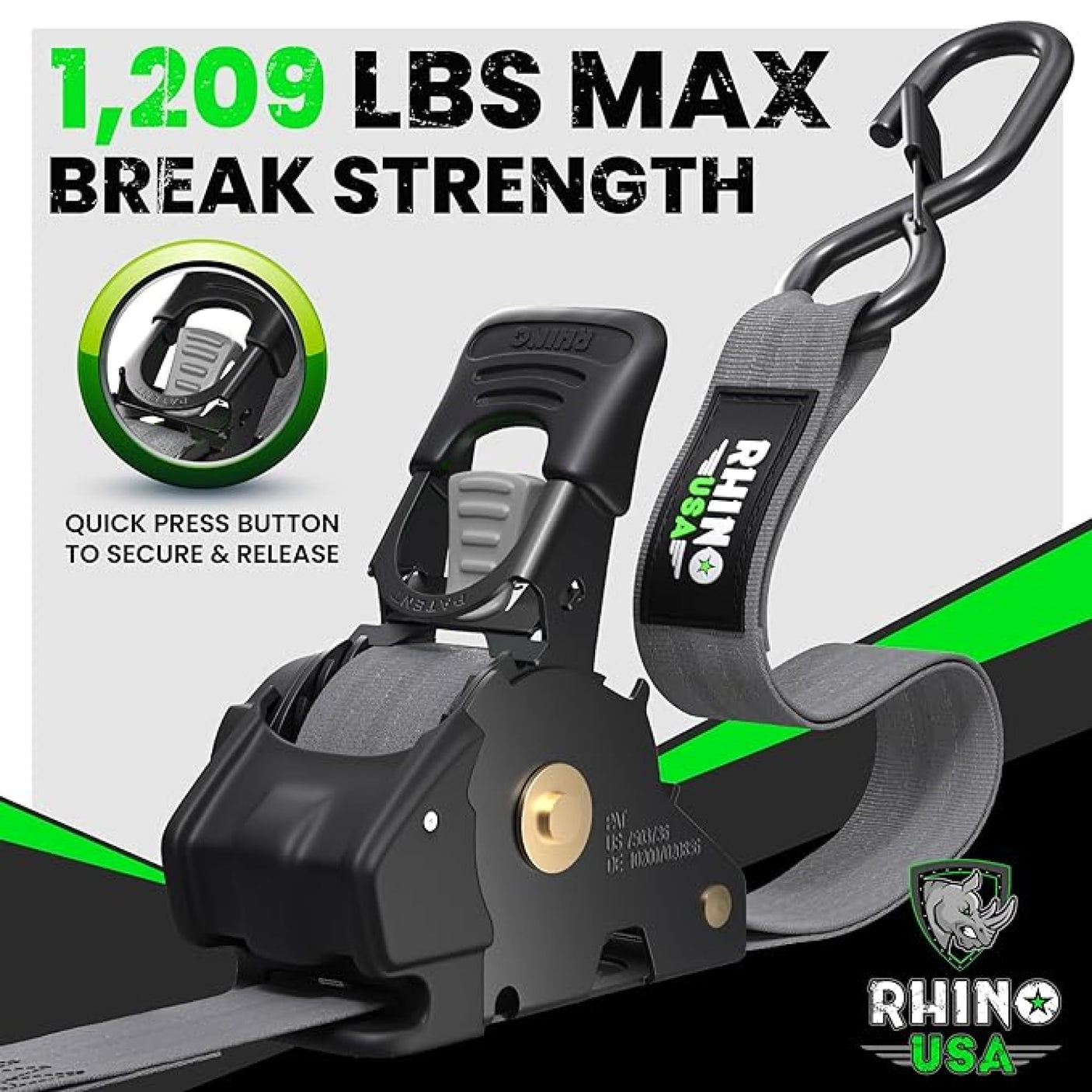 Rhino USA Retractable Ratchet Straps (4-Pack) - 1 Inch x 10 Feet (1,209lb Break Strength) - Heavy Duty Auto Self Retracting Tie Down Straps for Truck, Cargo Trailer, Motorcycle, Rad & More - Green