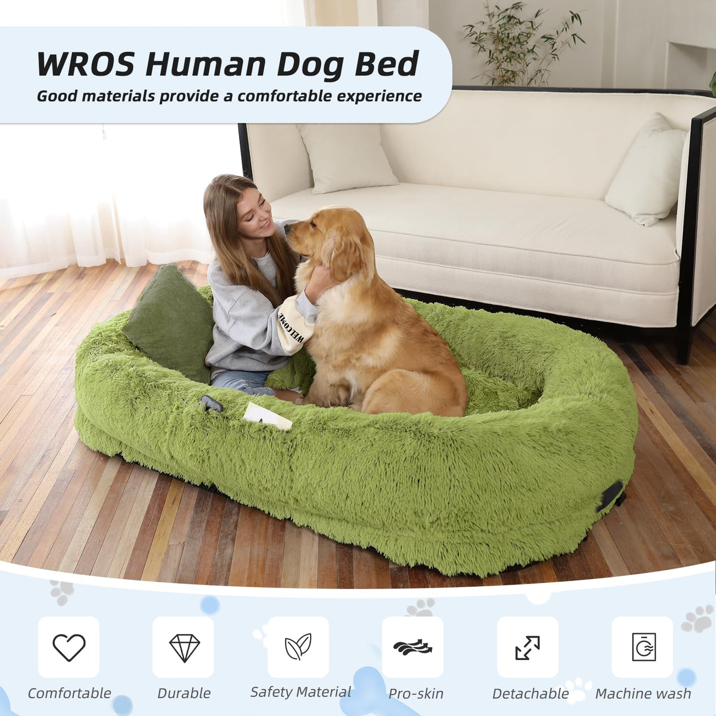 Human Dog Bed, Large Dog Beds for Humans Size Fits You and Pets, Washable Faux Fur Orthopedic Human Pet Bed for People Doze Off, Napping, Present Pillow, Blanket, Strap - Khaki