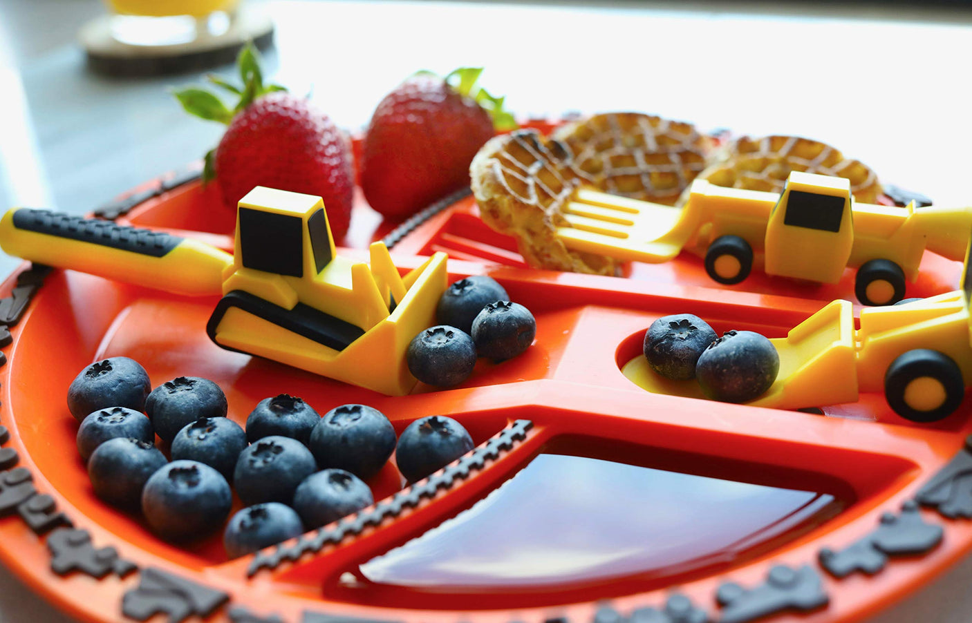 Constructive Eating Plate and Utensils Set - USA-Made Toddler Dinnerware with Divided Plates (Dinosaur)