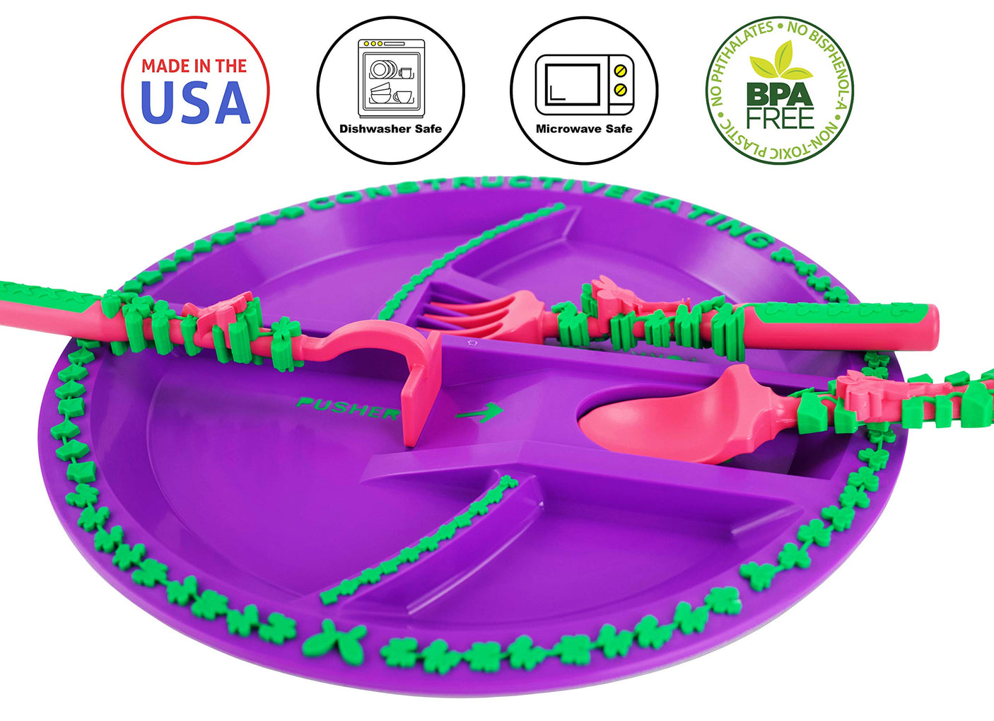 Constructive Eating Plate and Utensils Set - USA-Made Toddler Dinnerware with Divided Plates (Dinosaur)