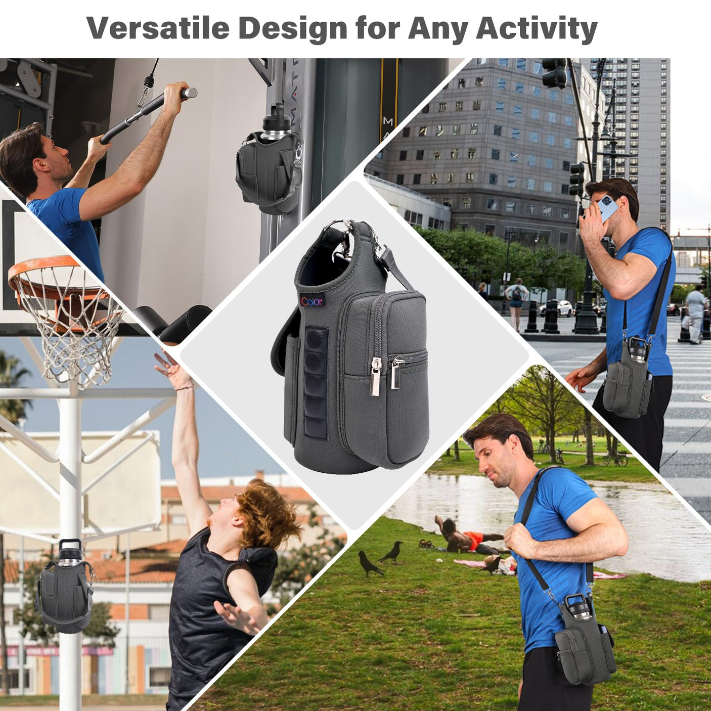 icolor Magnetic Gym Bag Water Bottle Carrier Holder with Phone Pockets & Shoulder Strap,5 Built-in Magnets Gym Bottle Pouch Sleeve,Magnetic Bag Gym Accessories Organizer for Men Women