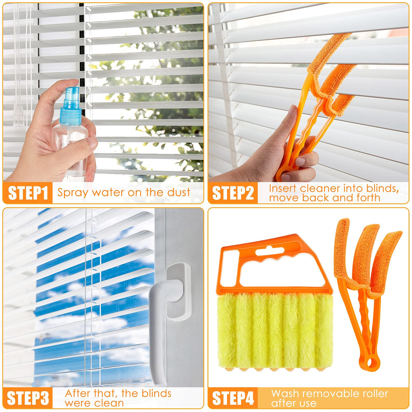 4 Pcs Window Venetian Blind Cleaner Duster Tool 7 Finger Blind Rush and Shutter Cleaner Brush Hand-held Window Shutter Air Conditioner Duster for Dirt(Yellow, Orange)