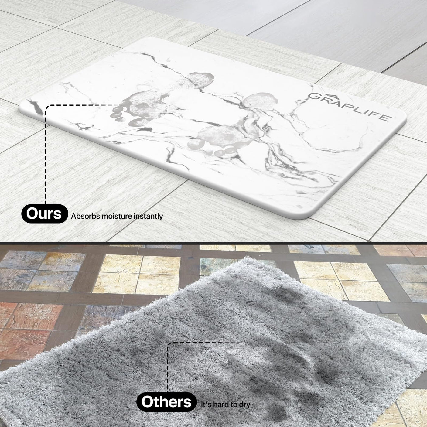 Stone Bath Mat, Diatomaceous Earth Shower Mat, Non-Slip Super Absorbent Quick Drying Bathroom Floor Mat, Natural, Easy to Clean (23.6 x 15.35 Darkgrey)