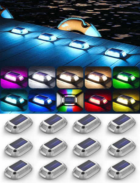 8Pack Aluminum Alloy Solar Driveway Lights, IP68 Solar Deck Light Marine Dock Lights Outdoor Waterproof, Multi-Color LED Driveway Markers for Walkway, Path Decor [12Modes - Strobe/RGB/Fix-Color]