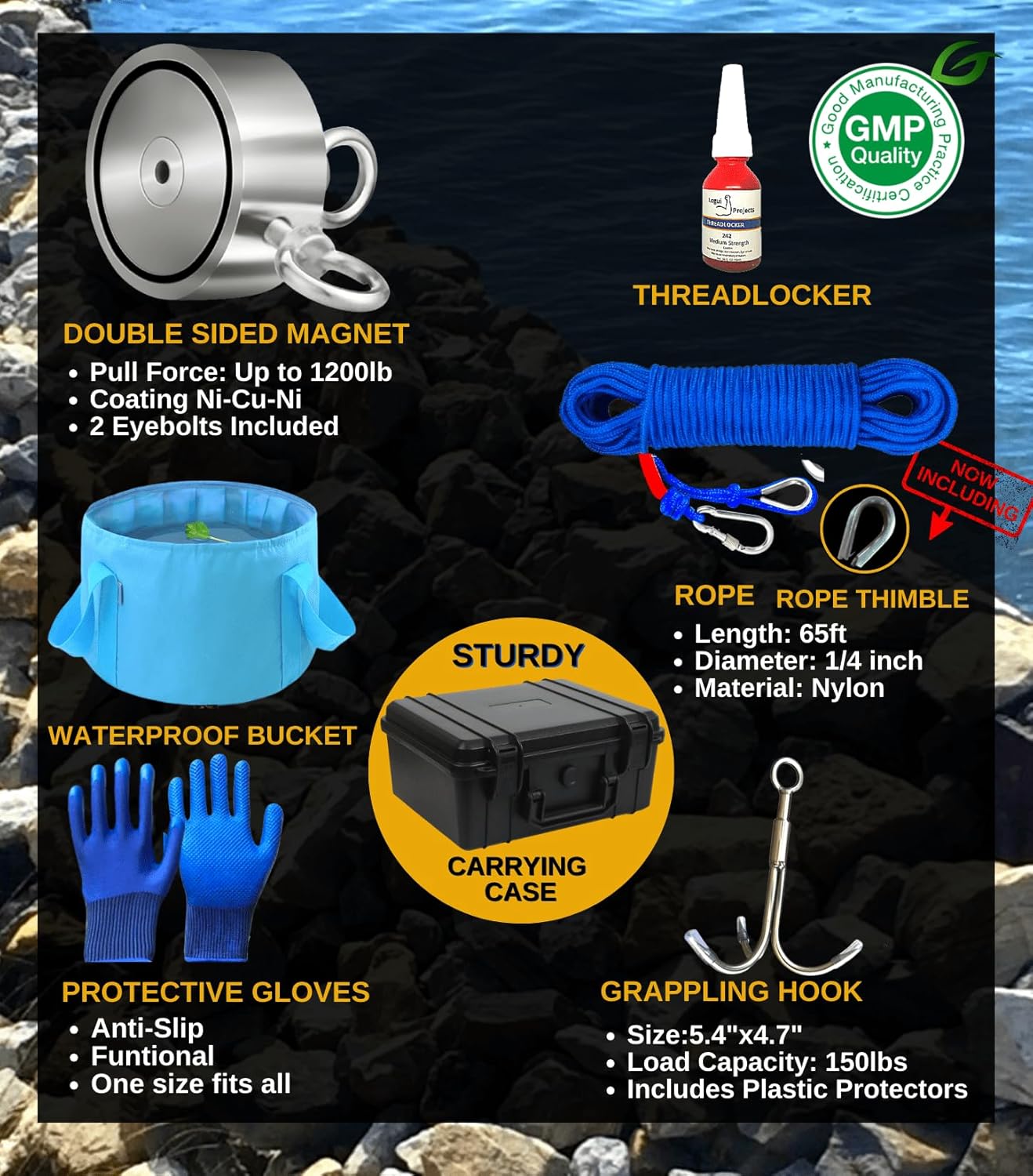1200 LB Magnet Fishing Kit with Case - 2 Fishing Magnets in 1 (Double Sided Magnet) - with Grappling Hook, Heavy Duty 65FT Rope, Gloves, Carabiner and Foldable Bucket.