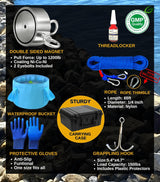 1200 LB Magnet Fishing Kit with Case - 2 Fishing Magnets in 1 (Double Sided Magnet) - with Grappling Hook, Heavy Duty 65FT Rope, Gloves, Carabiner and Foldable Bucket.