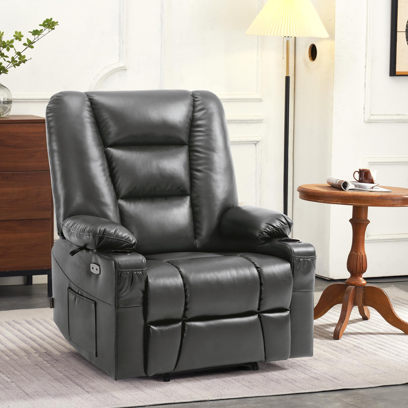 MCombo Power Lift Recliner Chair for Elderly, Lift Chair with Heat and Massage, USB Ports, Cup Holders, Faux Leather 7519 (Medium, Dark Brown)