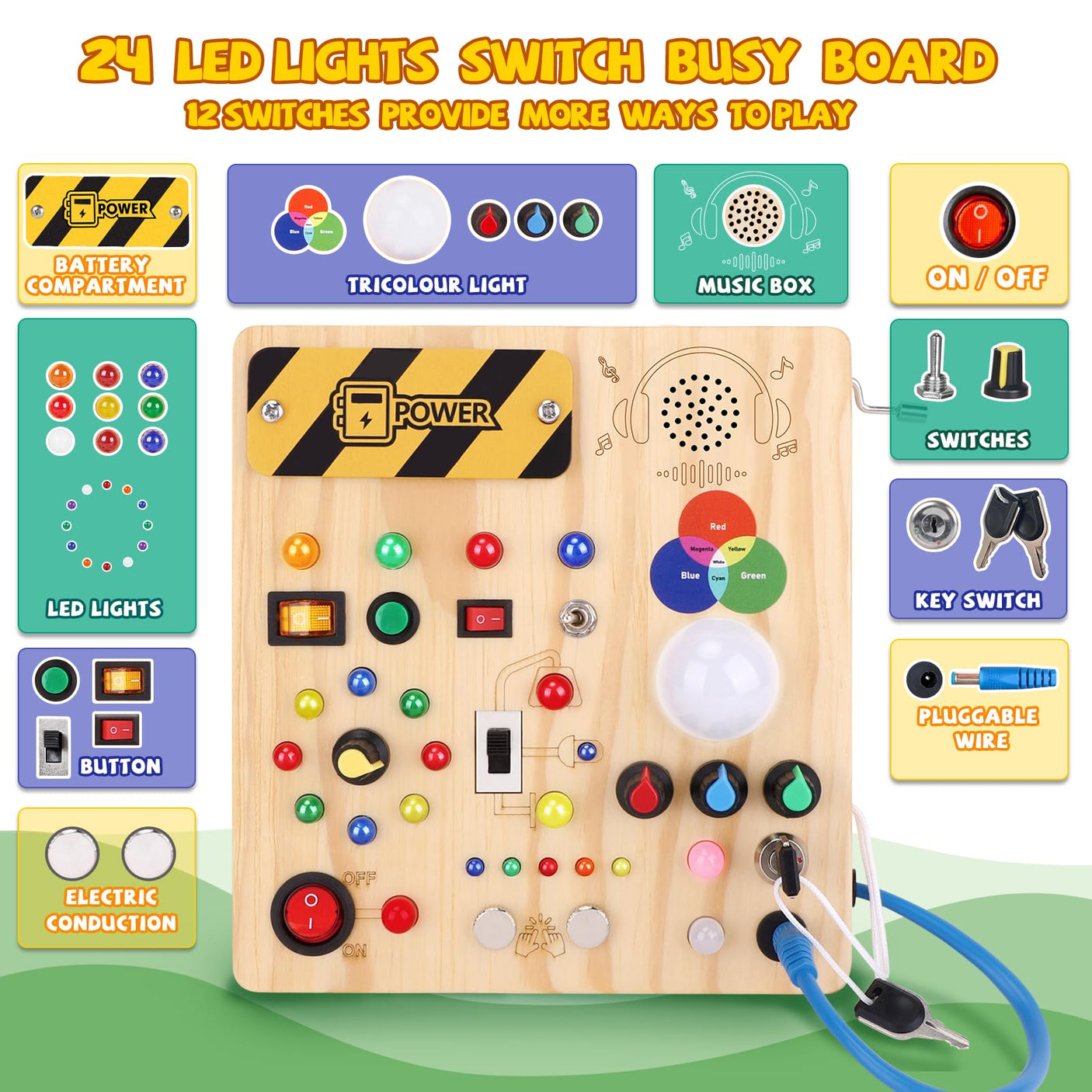 Busy Board, Montessori Toy for 1-3 Years Old, Wooden Toddler Sensory Travel Toy, Ideal Gift for 1+ Year Old Boys (Busy Board Plus V2), Medium, Yellow