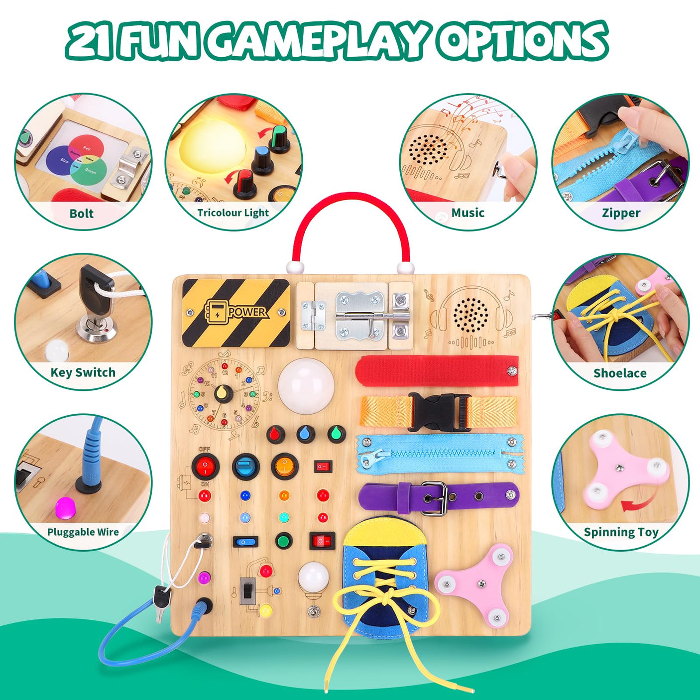 Busy Board, Montessori Toy for 1-3 Years Old, Wooden Toddler Sensory Travel Toy, Ideal Gift for 1+ Year Old Boys (Busy Board Plus V2), Medium, Yellow
