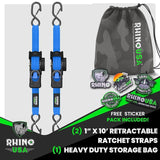 Rhino USA Retractable Ratchet Straps (4-Pack) - 1 Inch x 10 Feet (1,209lb Break Strength) - Heavy Duty Auto Self Retracting Tie Down Straps for Truck, Cargo Trailer, Motorcycle, Rad & More - Green