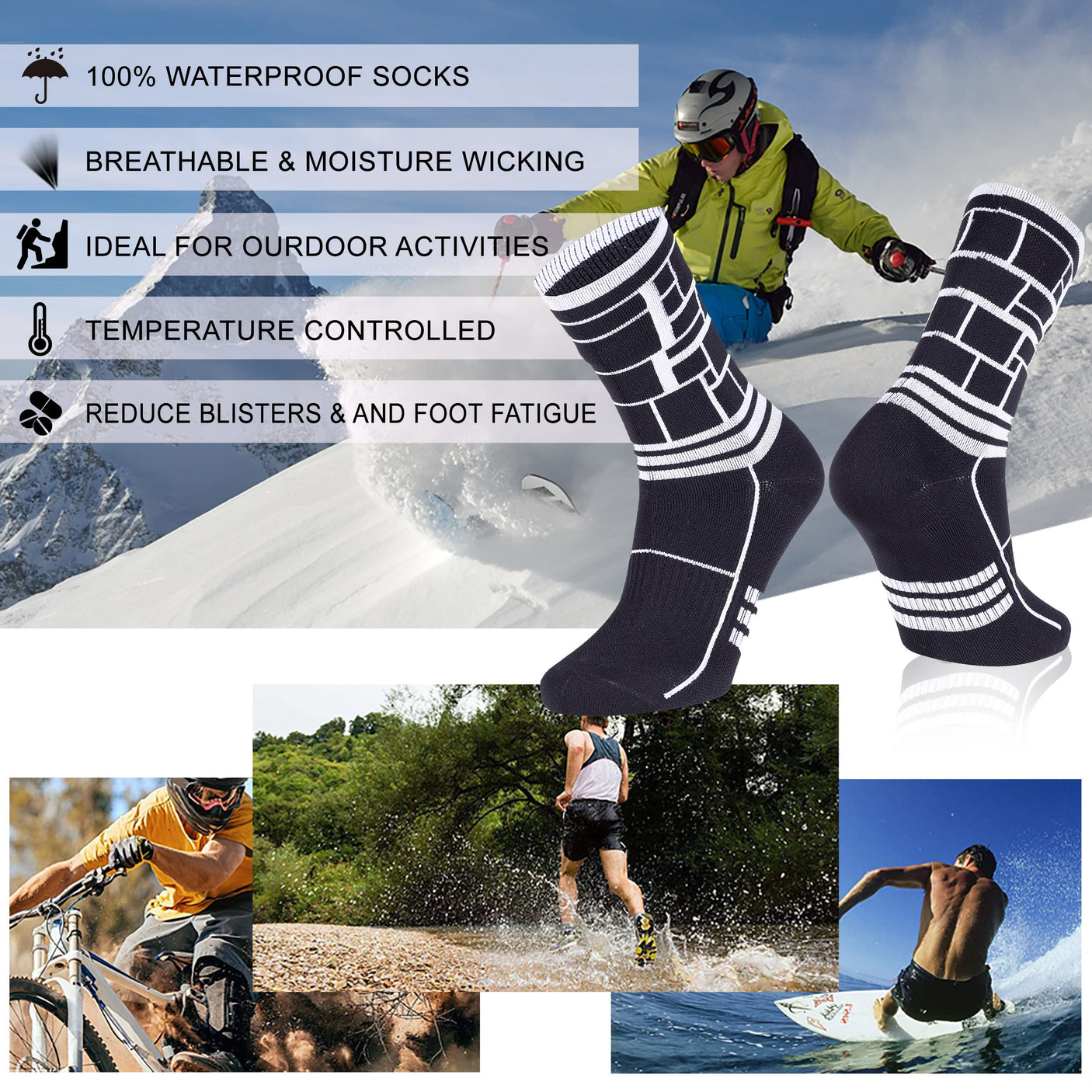 RANDY SUN Waterproof Socks, Unisex Hiking Wading Trail Running Kayaking Crew Socks