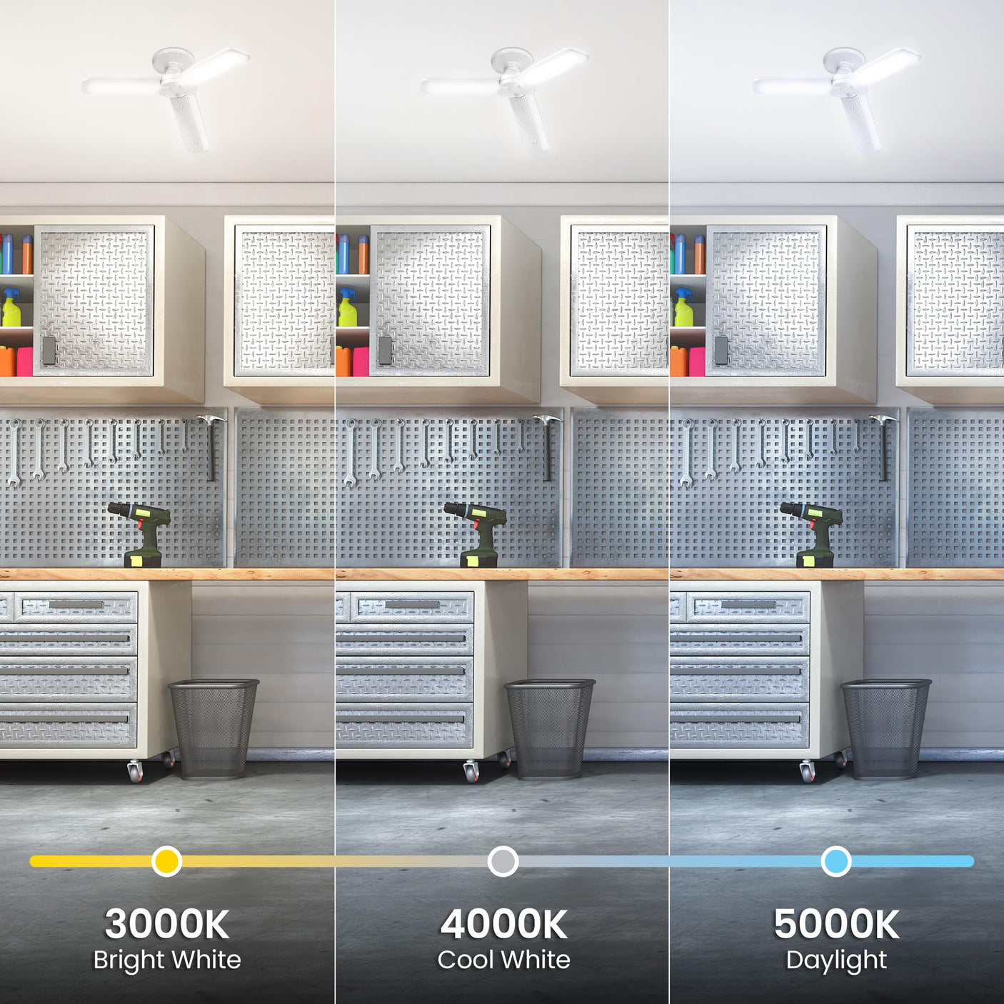 Feit Electric Smart LED Garage Light, RGBW 3 Panel, WiFi 2.4GHz, Screw-in LED Shop Light Bulb, Works with Alexa and Google Home Assistant, E26, 4000 Lumens, Garage Ceiling Light, ADJ4000/RGBW/LED/AG