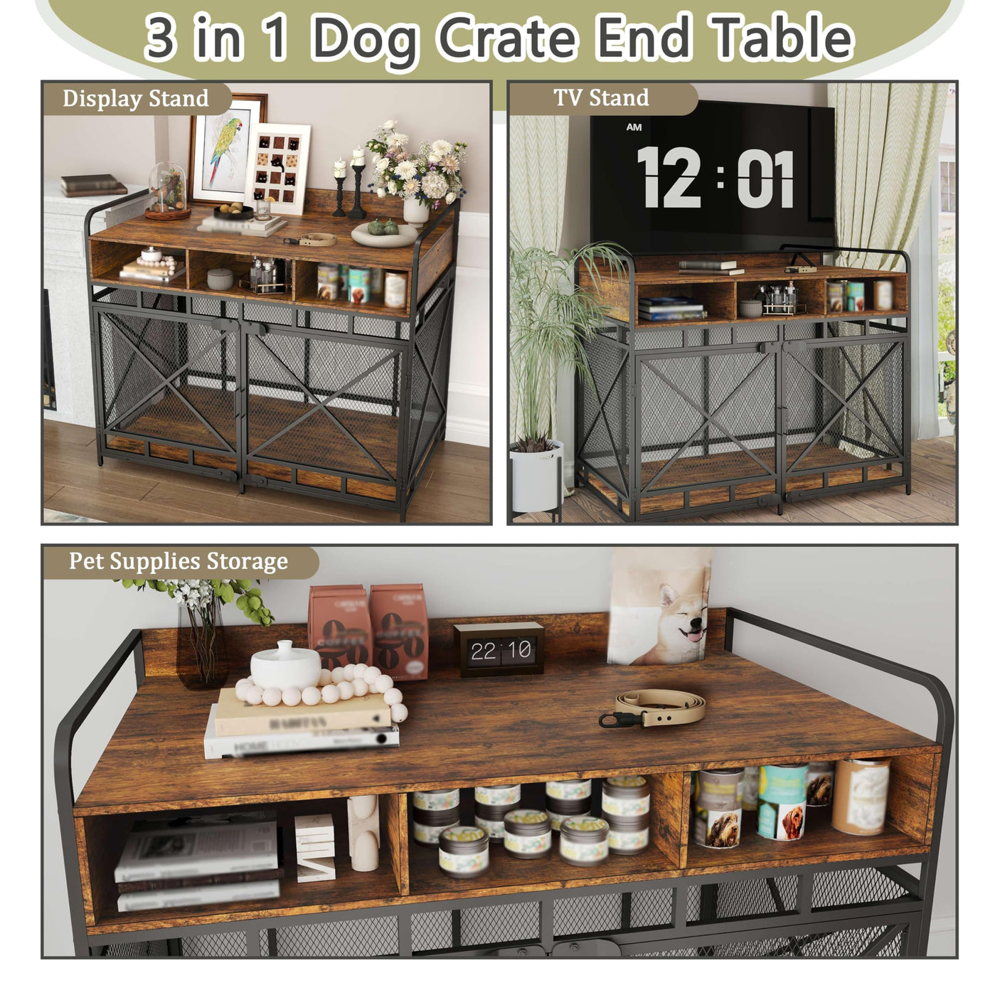 Dog Crate Furniture, 43 Inch Large Dog Kennel End Table with 3 Drawers, Heavy Duty Dog Crate for Large Dogs, Wooden Decorative XL Dog Cage Indoor 43.3" L x 27.6" W x 35.7" H (Rustic Brown)