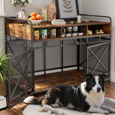 Dog Crate Furniture, 43 Inch Large Dog Kennel End Table with 3 Drawers, Heavy Duty Dog Crate for Large Dogs, Wooden Decorative XL Dog Cage Indoor 43.3" L x 27.6" W x 35.7" H (Rustic Brown)