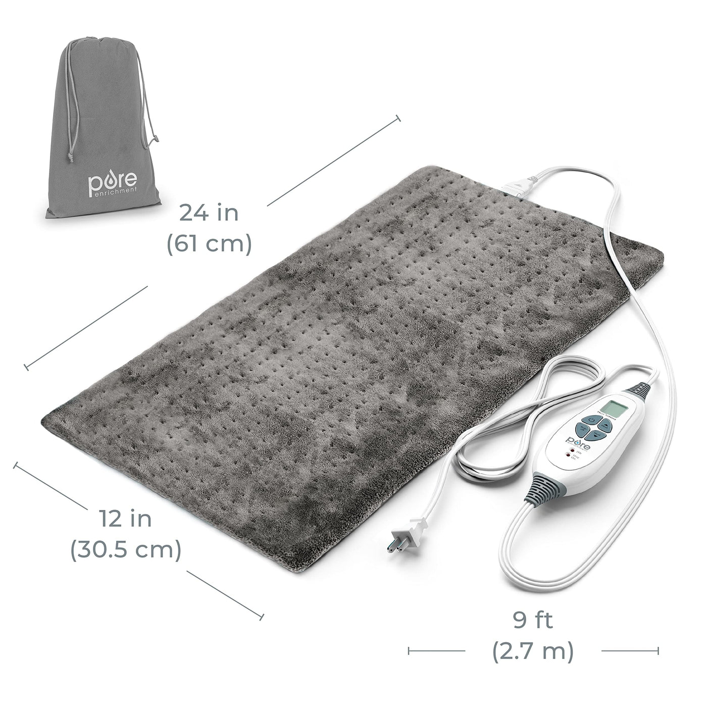 Pure Enrichment® PureRelief® XL Heating Pad - 12" x 24" Electric Heating Pad for Back Pain & Cramps, 6 Heat Settings, Soft Machine Wash Fabric, Auto-Off & Moist Heat (Charcoal Gray)