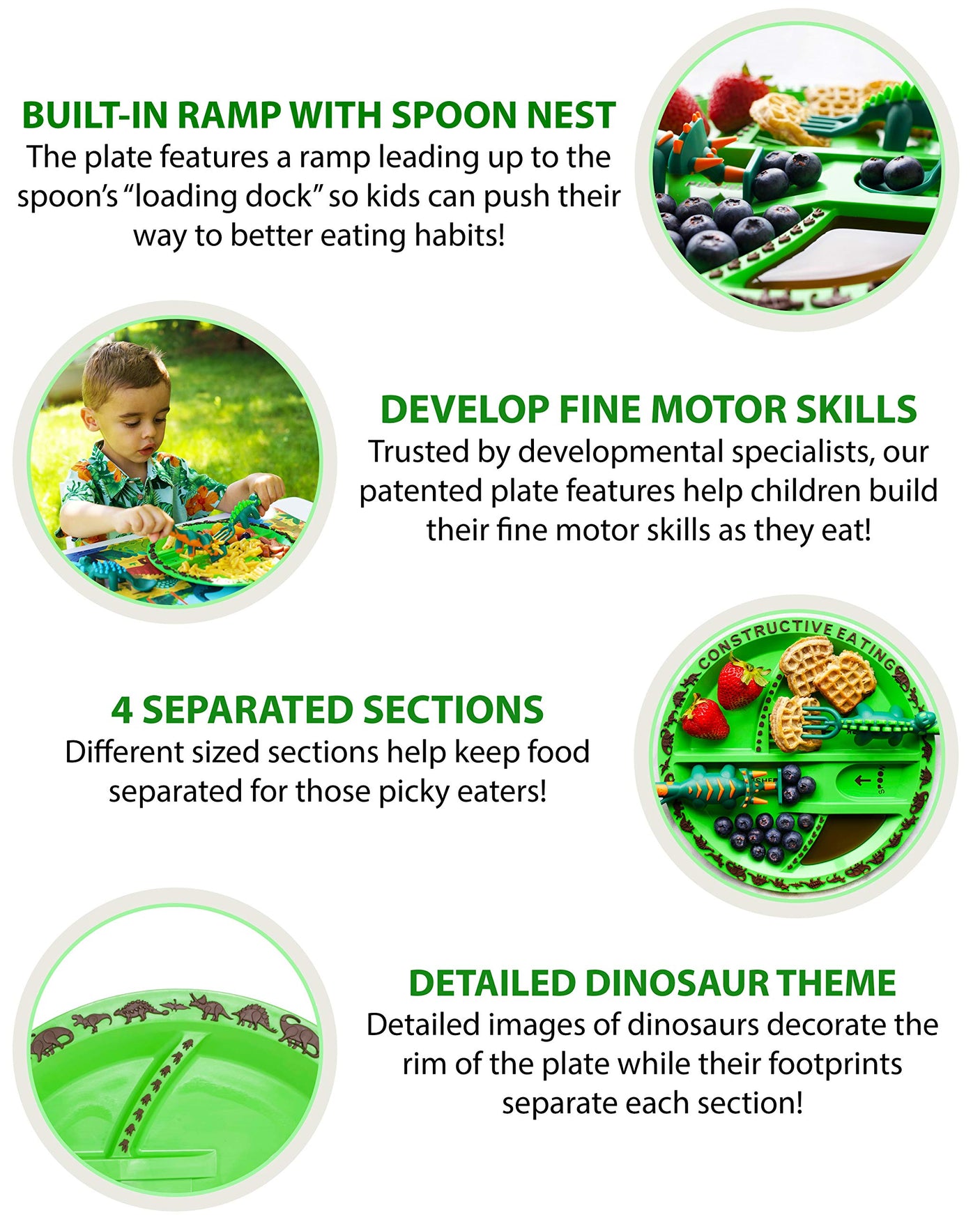 Constructive Eating Plate and Utensils Set - USA-Made Toddler Dinnerware with Divided Plates (Dinosaur)
