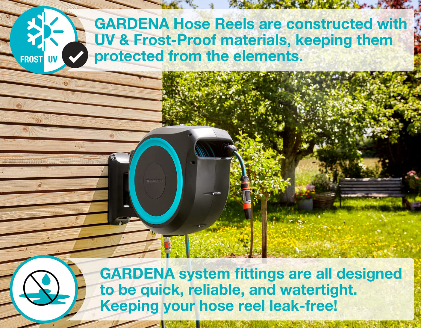 GARDENA 20505, 100' Retractable Garden Hose Reel with US Hose Threads - 100' x 1/2" hose, Automatic Retraction & Length Lock for Easy Watering. Heavy Duty Swivel Bracket 180°, Includes Nozzle.