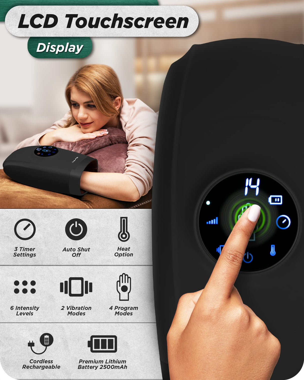 Lunix LX3 Cordless Electric Hand Massager with Compression, 6 Levels Pressure Point Therapy Massager for Arthritis, Pain Relief, Carpal Tunnel and Finger Numbness, Shiatsu Massage Machine with Heat