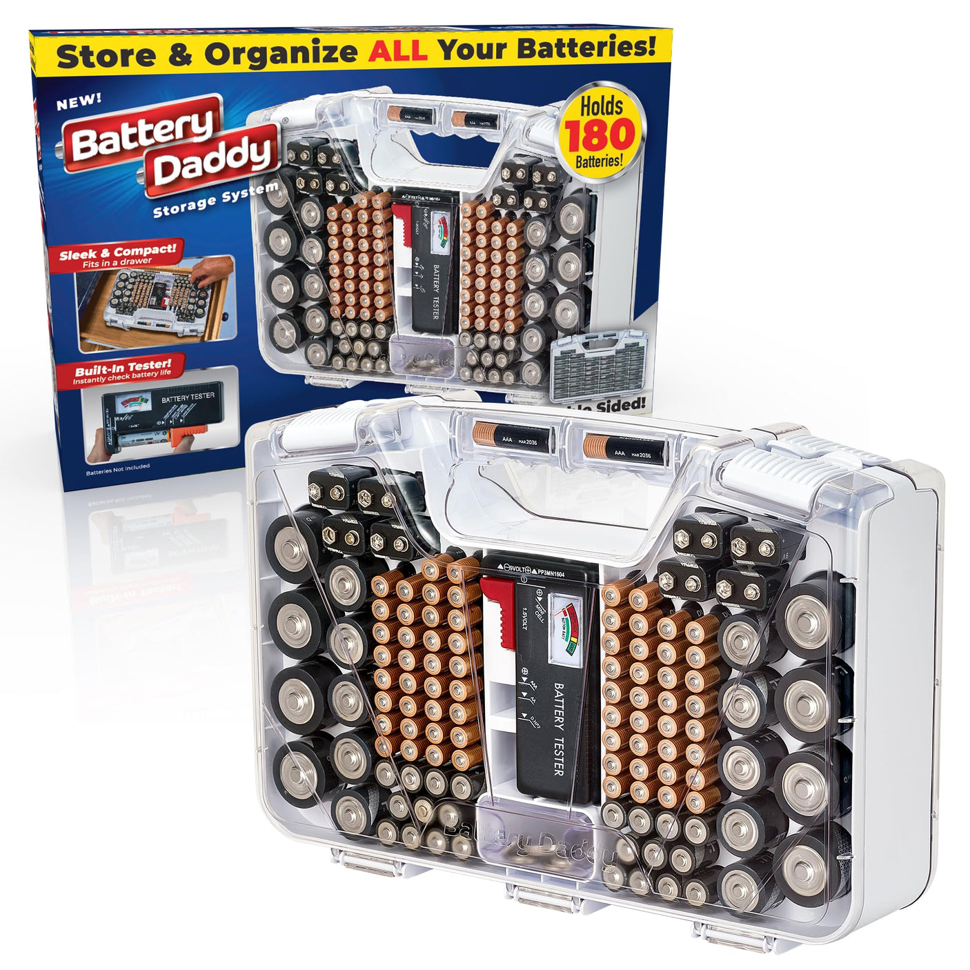 Ontel Battery Daddy Storage & Organizer Case with Tester, Stores & Protects Up to 180 Batteries, Double-Sided, Durable Design W/Clear Locking Lid, Secure Latches & Portable Carrying Handle- Warm Grey