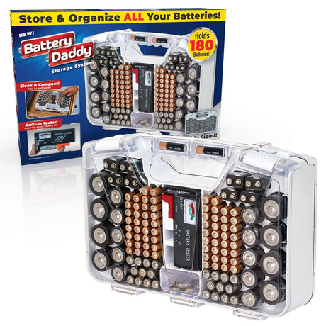 Ontel Battery Daddy Storage & Organizer Case with Tester, Stores & Protects Up to 180 Batteries, Double-Sided, Durable Design W/Clear Locking Lid, Secure Latches & Portable Carrying Handle- Warm Grey
