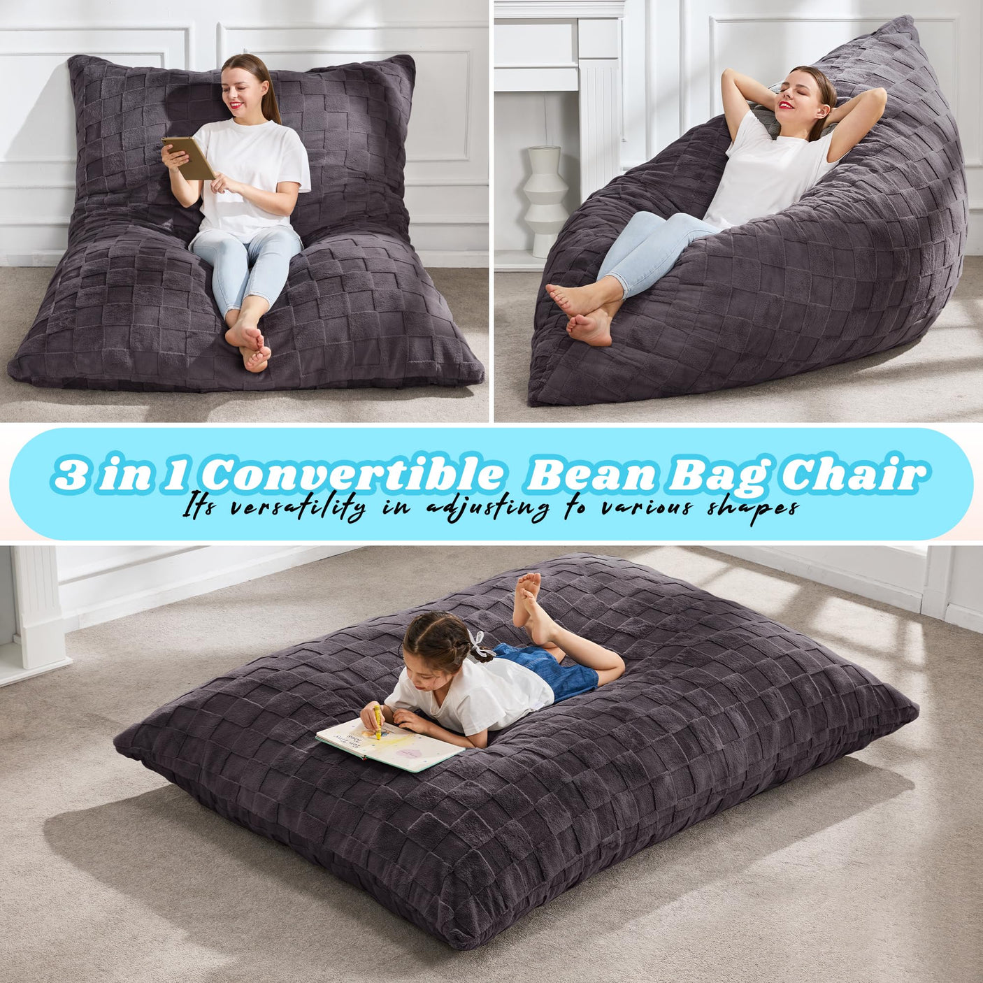 Hobestluk 3 in 1 Bean Bag Chair Giant Bean Bag Chairs Convertible Bean Bag Floor Cushion with Machine Washable Cover, Beanbag Chairs for Adult (Dark Grey)