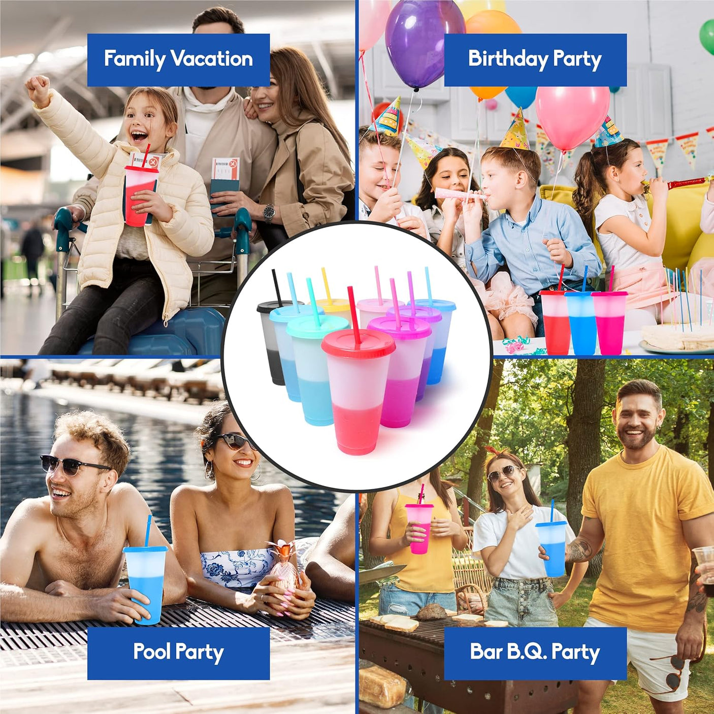 Color Changing Cups with Lids and Straws 12pcs, 24Oz - Reusable Cups with Lids in 12 Multicolors - Perfect for Cold Coffee, Smoothie etc.