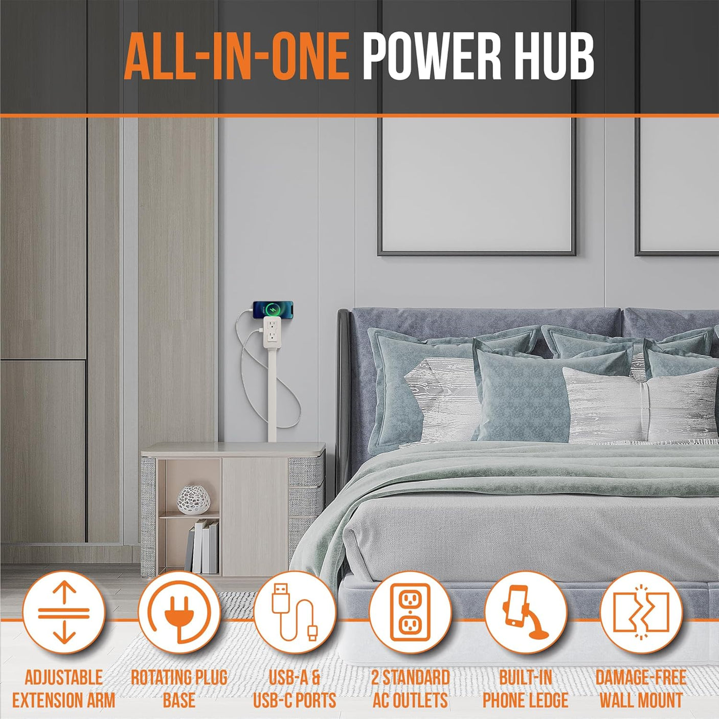 Electrical Outlet Extender. Access Hard-to-Reach Outlets! Features USB-A, USB-C, and 2 AC Outlets, Extends 22"-34", Rotates 180°. Use Behind Couches, Nightstands, Desks, and More.