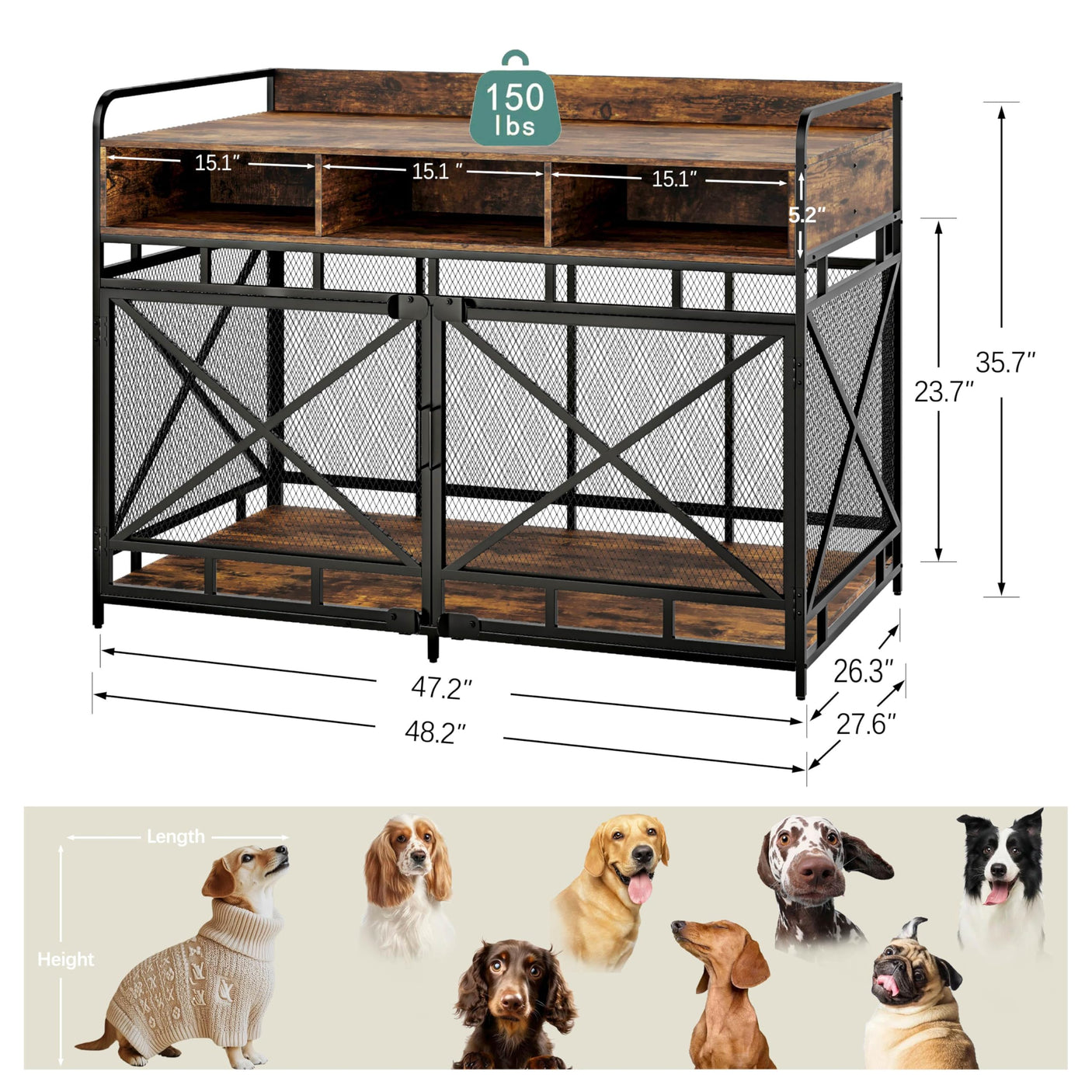 Dog Crate Furniture, 43 Inch Large Dog Kennel End Table with 3 Drawers, Heavy Duty Dog Crate for Large Dogs, Wooden Decorative XL Dog Cage Indoor 43.3" L x 27.6" W x 35.7" H (Rustic Brown)