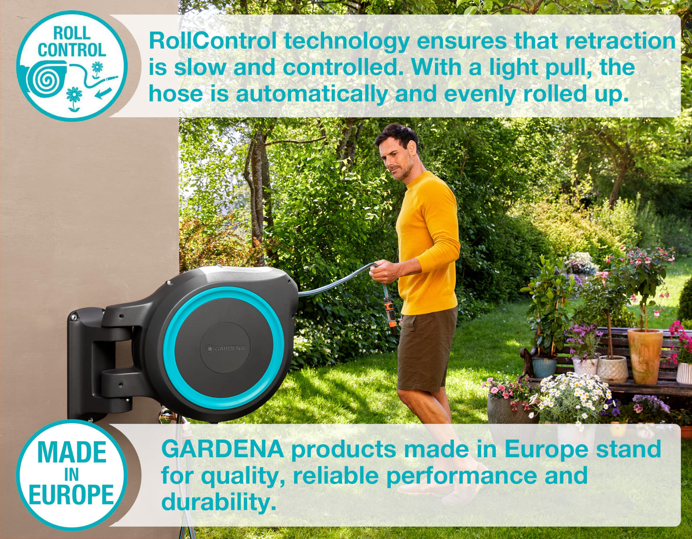 GARDENA 20505, 100' Retractable Garden Hose Reel with US Hose Threads - 100' x 1/2" hose, Automatic Retraction & Length Lock for Easy Watering. Heavy Duty Swivel Bracket 180°, Includes Nozzle.