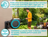 GARDENA 20505, 100' Retractable Garden Hose Reel with US Hose Threads - 100' x 1/2" hose, Automatic Retraction & Length Lock for Easy Watering. Heavy Duty Swivel Bracket 180°, Includes Nozzle.
