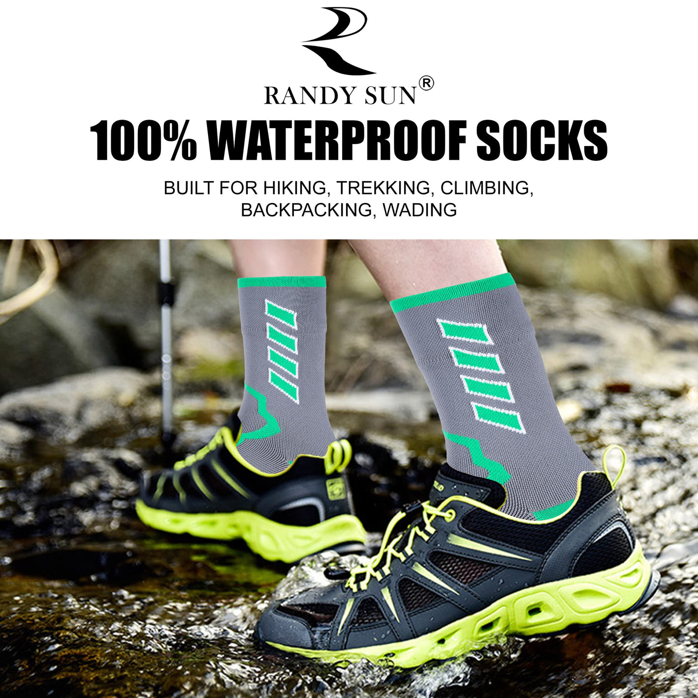 RANDY SUN Waterproof Socks, Unisex Hiking Wading Trail Running Kayaking Crew Socks