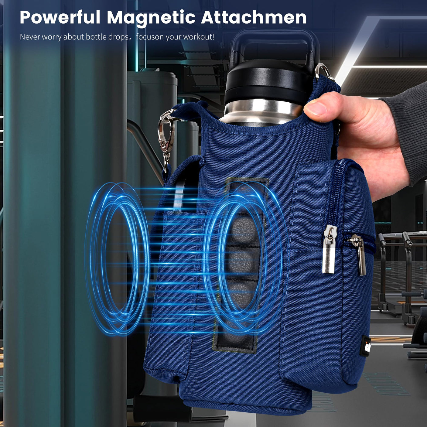 icolor Magnetic Gym Bag Water Bottle Carrier Holder with Phone Pockets & Shoulder Strap,5 Built-in Magnets Gym Bottle Pouch Sleeve,Magnetic Bag Gym Accessories Organizer for Men Women