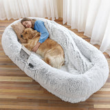 Human Dog Bed, Large Dog Beds for Humans Size Fits You and Pets, Washable Faux Fur Orthopedic Human Pet Bed for People Doze Off, Napping, Present Pillow, Blanket, Strap - Khaki