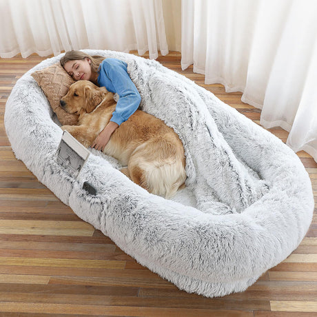 Human Dog Bed, Large Dog Beds for Humans Size Fits You and Pets, Washable Faux Fur Orthopedic Human Pet Bed for People Doze Off, Napping, Present Pillow, Blanket, Strap - Khaki