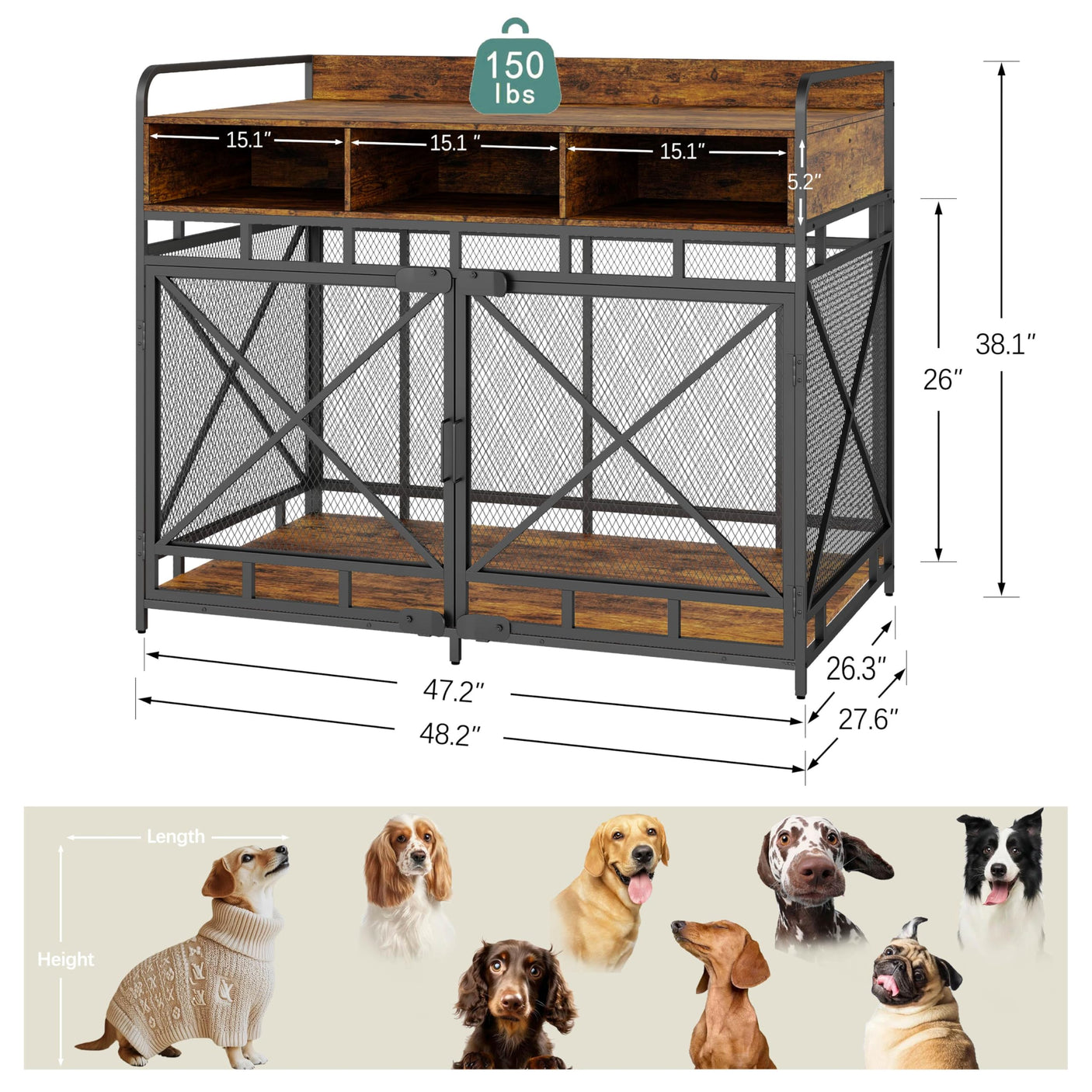 Dog Crate Furniture, 43 Inch Large Dog Kennel End Table with 3 Drawers, Heavy Duty Dog Crate for Large Dogs, Wooden Decorative XL Dog Cage Indoor 43.3" L x 27.6" W x 35.7" H (Rustic Brown)
