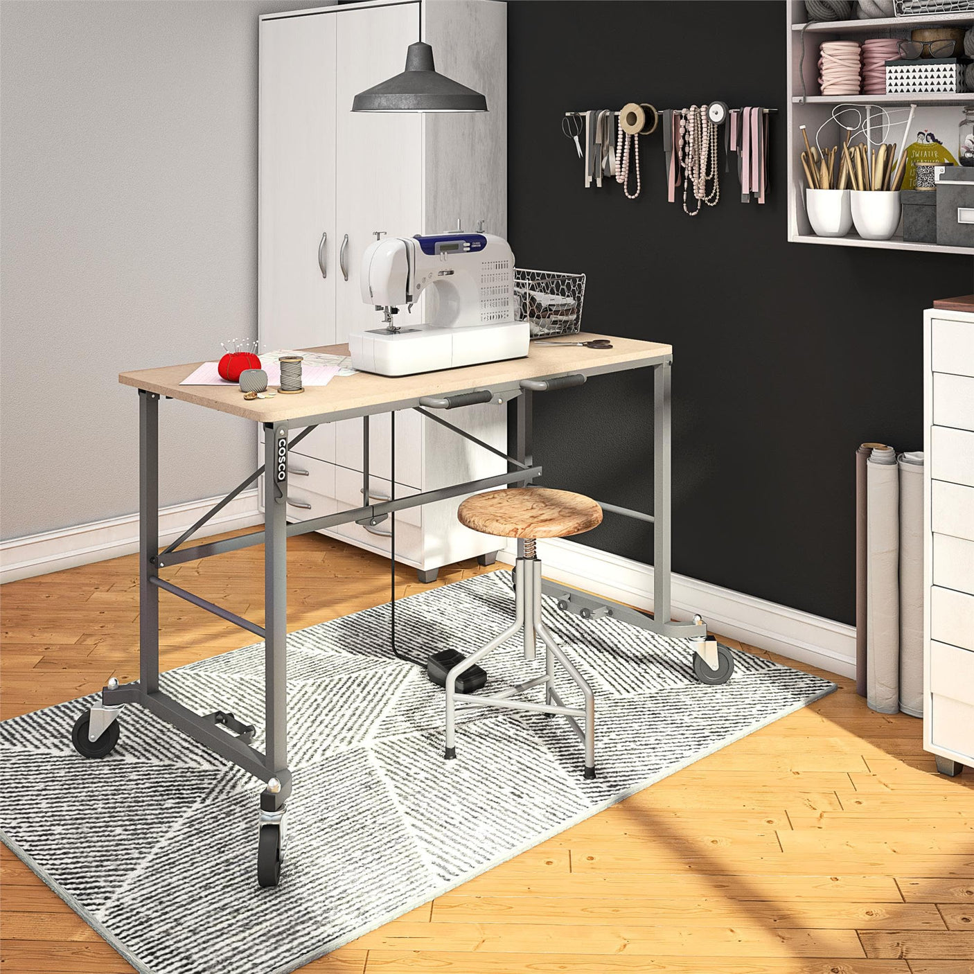 COSCO SmartFold Butcher Block Portable Workbench / Folding Utility Table (Hardwood Top, 700LB Total Weight Capacity, Locking Casters, Gray Steel Frame, 1 Pack)