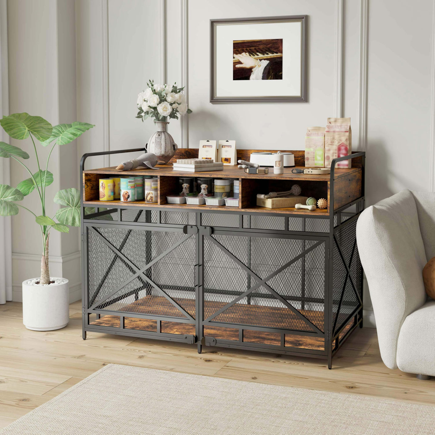 Dog Crate Furniture, 43 Inch Large Dog Kennel End Table with 3 Drawers, Heavy Duty Dog Crate for Large Dogs, Wooden Decorative XL Dog Cage Indoor 43.3" L x 27.6" W x 35.7" H (Rustic Brown)