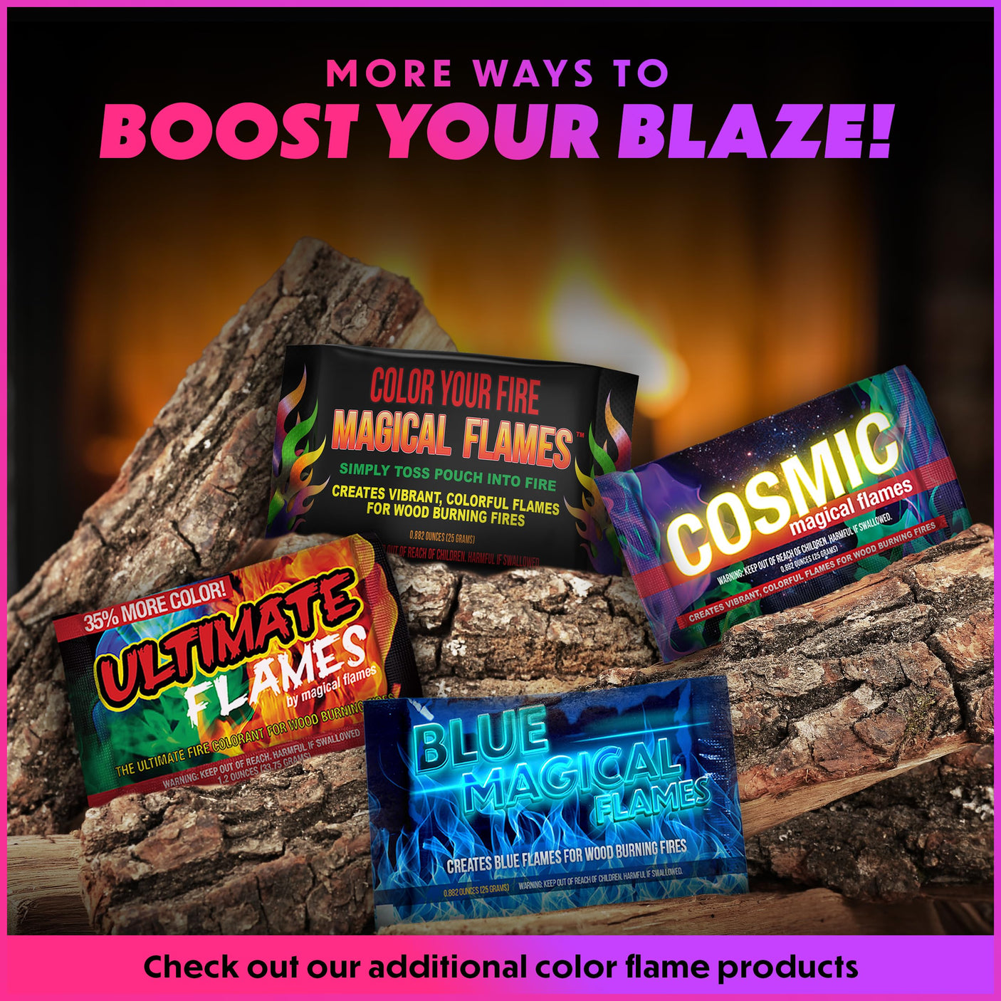 Magical Flames Fire Color Changing Packets for Fire Pit, Indoor/Outdoor Fireplace, Campfires, Bonfires - 25 Pack of Flame Color Changing Packets Camping Accessories