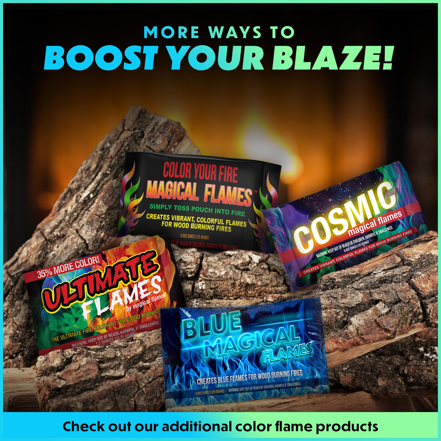 Magical Flames Fire Color Changing Packets for Fire Pit, Indoor/Outdoor Fireplace, Campfires, Bonfires - 25 Pack of Flame Color Changing Packets Camping Accessories
