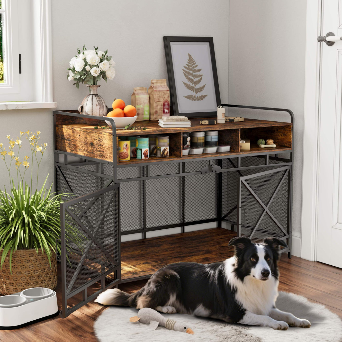 Dog Crate Furniture, 43 Inch Large Dog Kennel End Table with 3 Drawers, Heavy Duty Dog Crate for Large Dogs, Wooden Decorative XL Dog Cage Indoor 43.3" L x 27.6" W x 35.7" H (Rustic Brown)