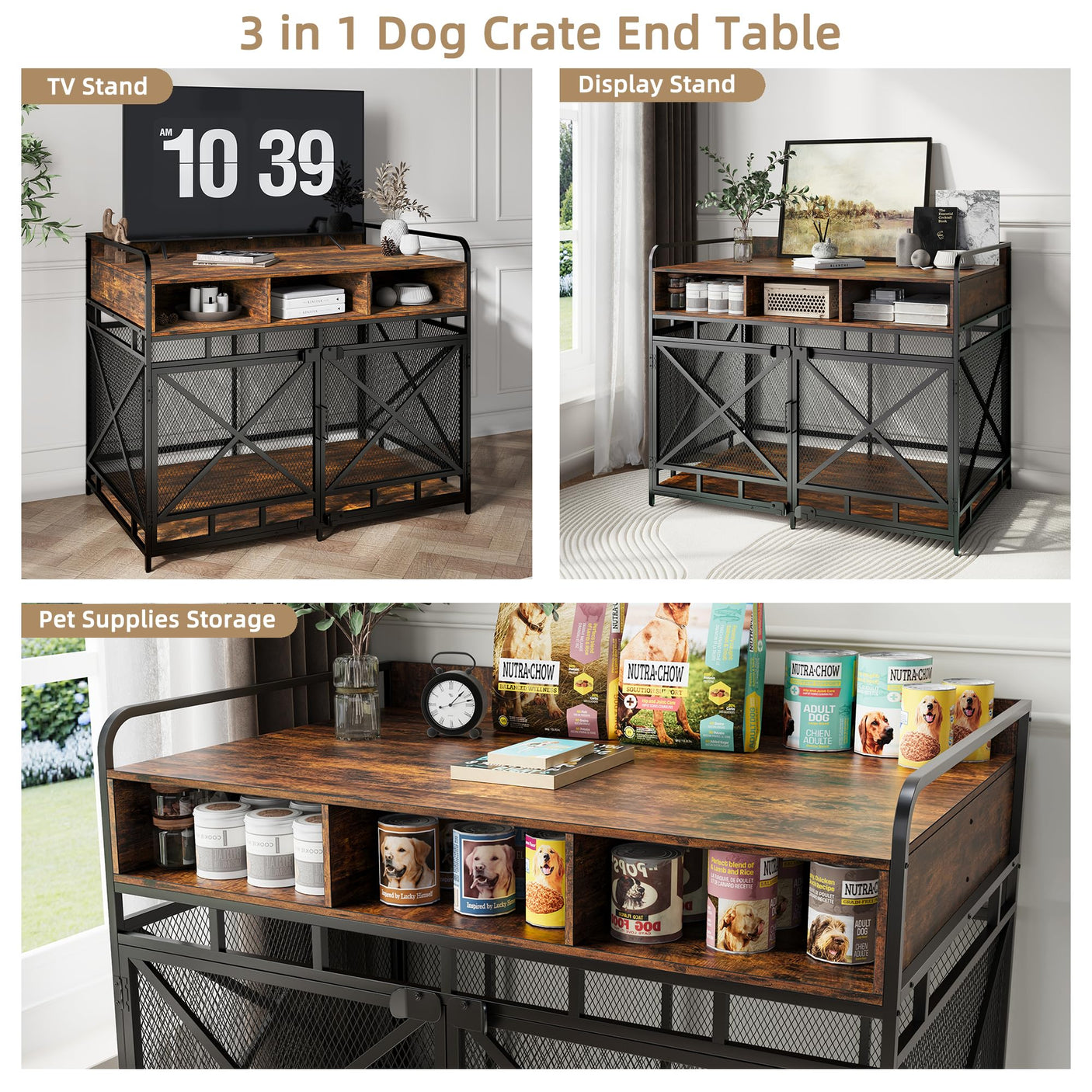 Dog Crate Furniture, 43 Inch Large Dog Kennel End Table with 3 Drawers, Heavy Duty Dog Crate for Large Dogs, Wooden Decorative XL Dog Cage Indoor 43.3" L x 27.6" W x 35.7" H (Rustic Brown)