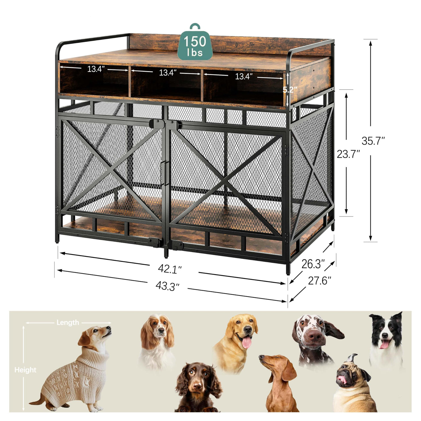 Dog Crate Furniture, 43 Inch Large Dog Kennel End Table with 3 Drawers, Heavy Duty Dog Crate for Large Dogs, Wooden Decorative XL Dog Cage Indoor 43.3" L x 27.6" W x 35.7" H (Rustic Brown)