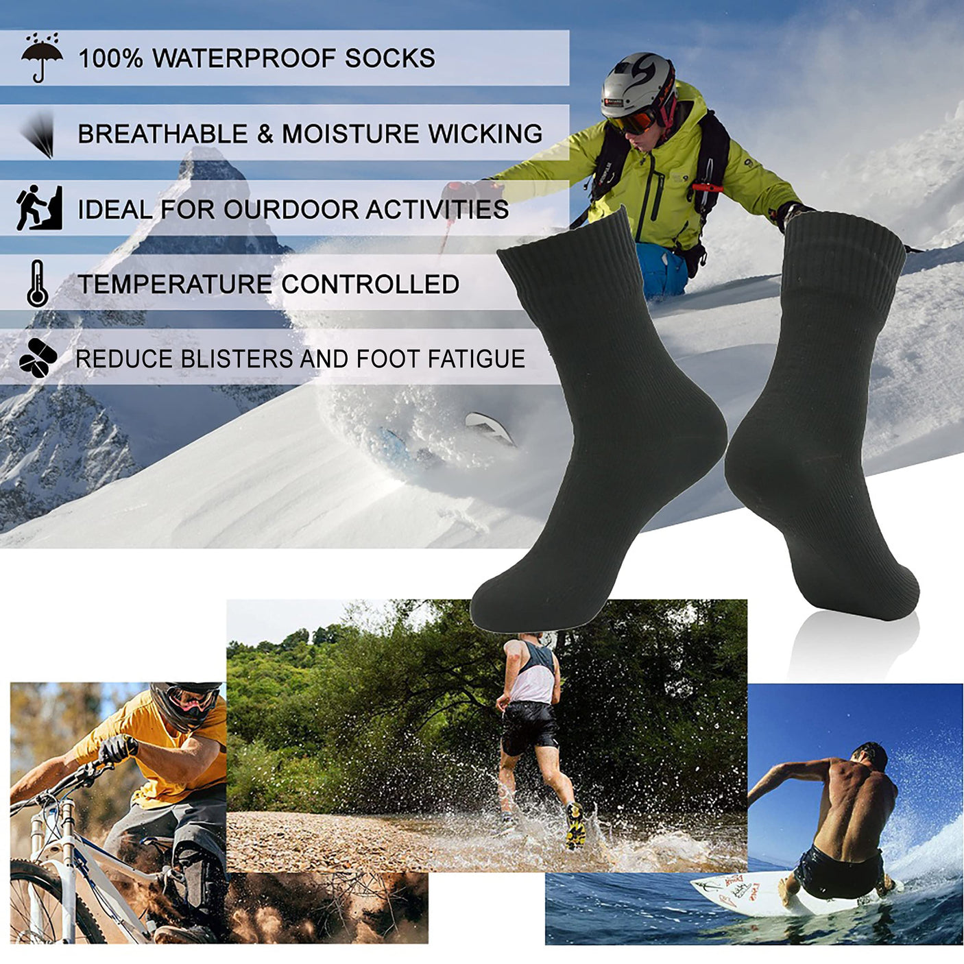 RANDY SUN Waterproof Socks, Unisex Hiking Wading Trail Running Kayaking Crew Socks