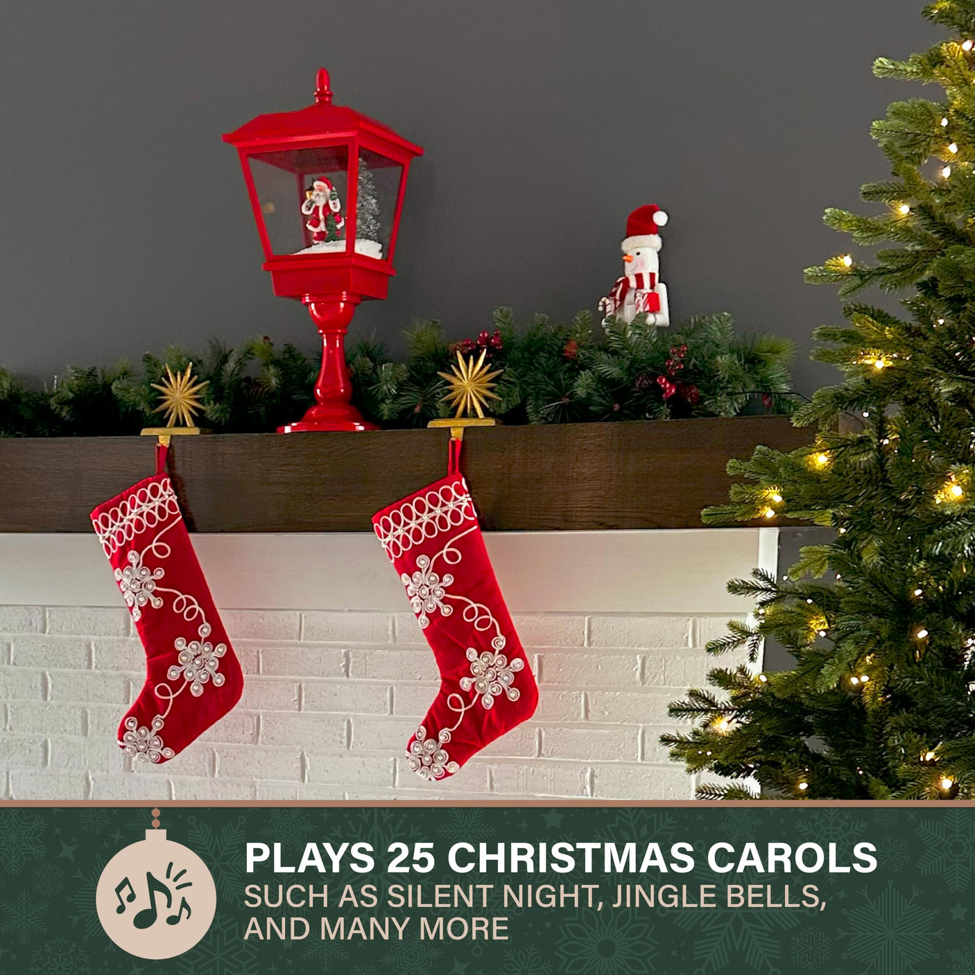 Fraser Hill Farm 29-in. Snowing Musical Christmas Tree with Warm White LED Lights, 25 Christmas Carols, Decorations, Star Topper, and Red Umbrella Base, Festive Xmas Decor for Foyer and Family Room