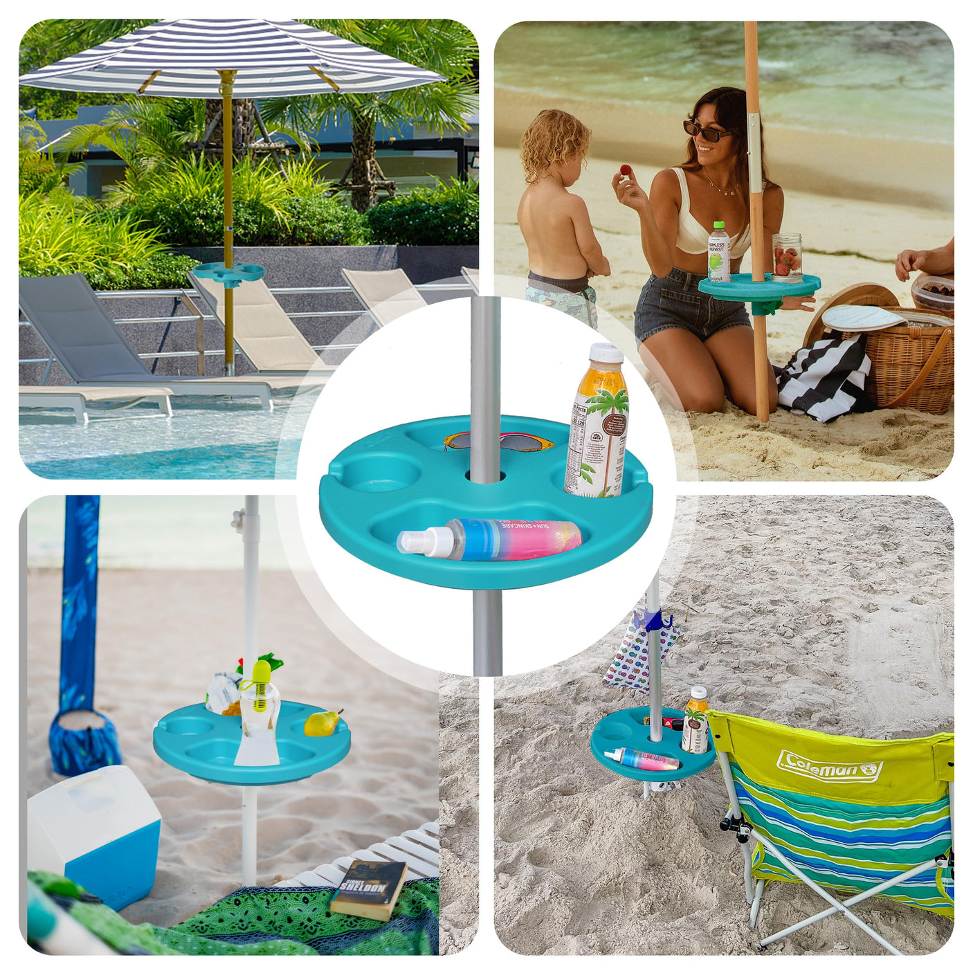 AMMSUN 13" Beach Umbrella Table Tray for Beach, Patio, Garden, Swimming Pool with Cup Holders, Snack Compartments Teal