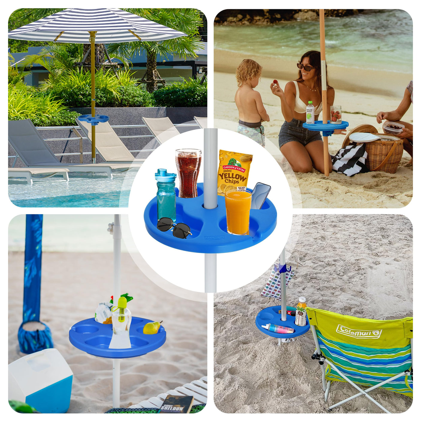 AMMSUN 13" Beach Umbrella Table Tray for Beach, Patio, Garden, Swimming Pool with Cup Holders, Snack Compartments Teal