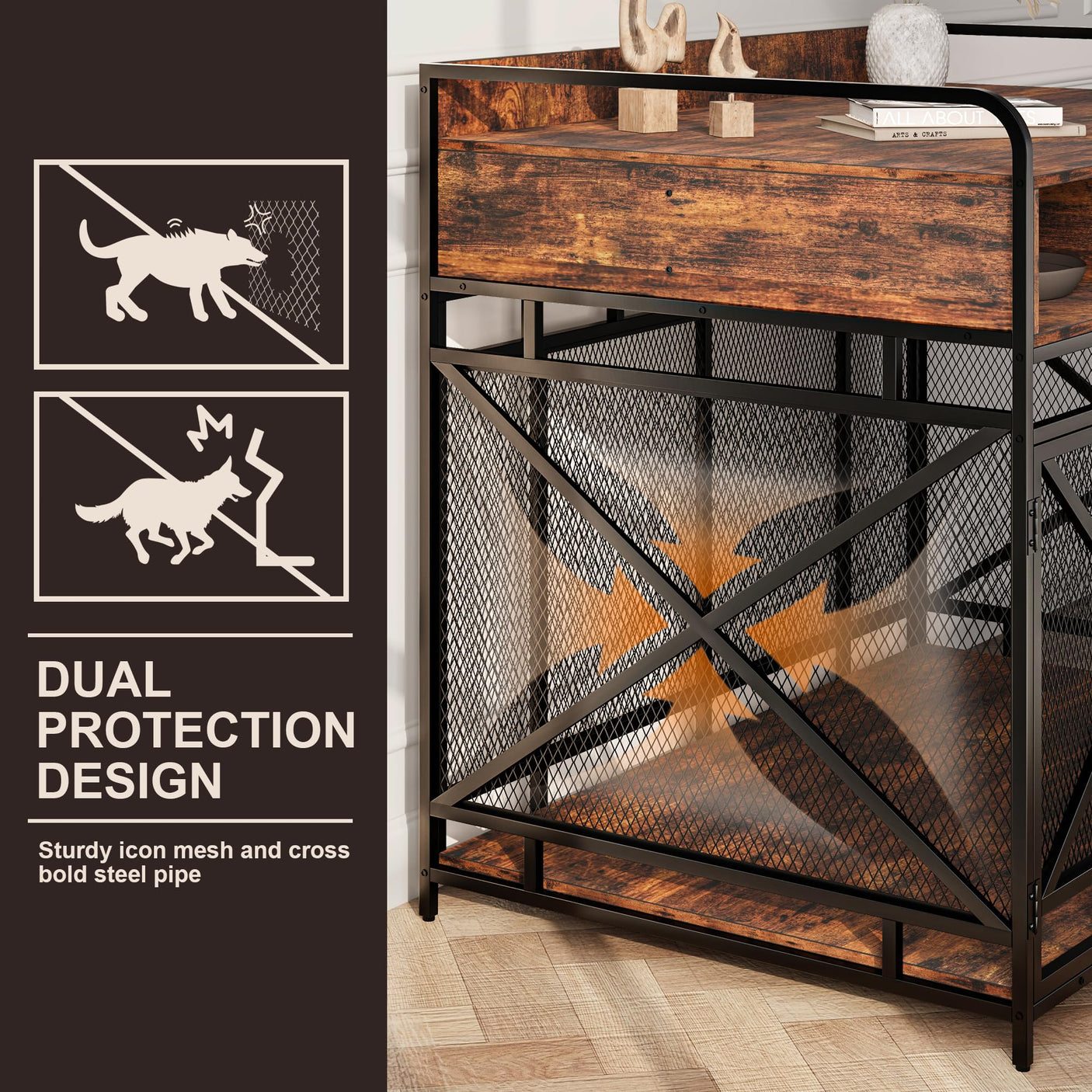 Dog Crate Furniture, 43 Inch Large Dog Kennel End Table with 3 Drawers, Heavy Duty Dog Crate for Large Dogs, Wooden Decorative XL Dog Cage Indoor 43.3" L x 27.6" W x 35.7" H (Rustic Brown)