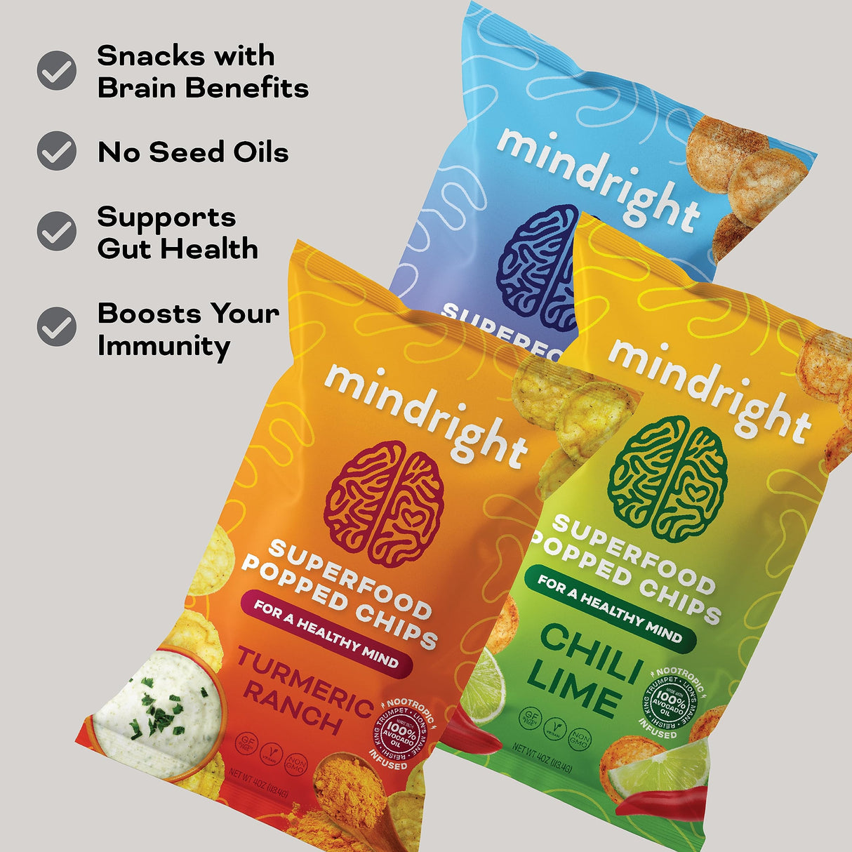 MINDRIGHT Superfood Vegan Nootropic Snack Popped Veggie Chips Variety Pack - Gluten Free Non-Gmo Grain Free - Brain Food Healthy Chips To Help Enhance Mood, Energy & Focus (4oz, 4 Pack)
