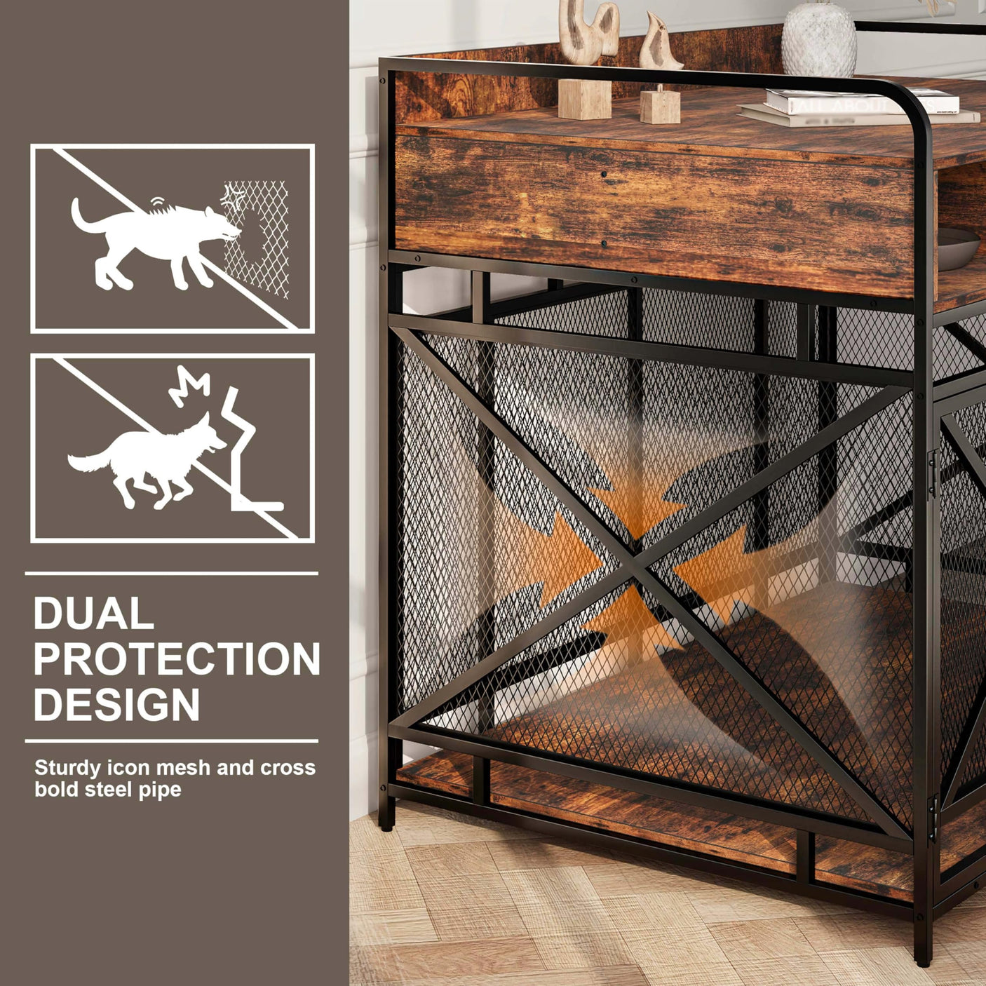 Dog Crate Furniture, 43 Inch Large Dog Kennel End Table with 3 Drawers, Heavy Duty Dog Crate for Large Dogs, Wooden Decorative XL Dog Cage Indoor 43.3" L x 27.6" W x 35.7" H (Rustic Brown)